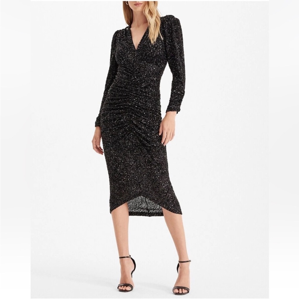 Express LBD Black Sequin Dress Long Puff Sleeve midi Sheath Dress Hi Low XS